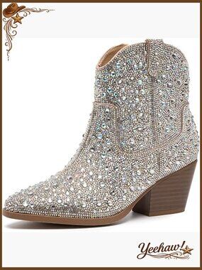 Rhinestone Zipper Sparkly Ankle Boots - Pointed Toe Chunky Heel Fashion Booties